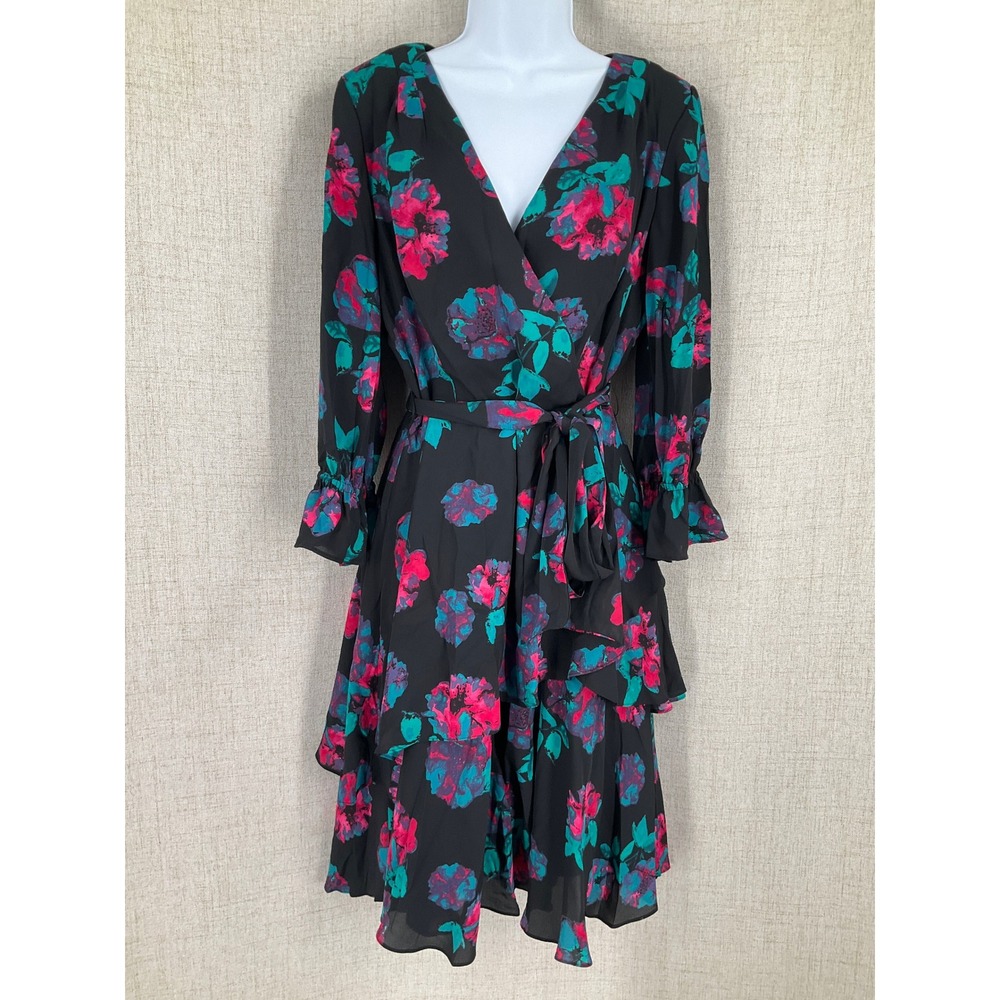 Tahari Floral Wrap Dress‎ Womens 6 Black Pink Teal Tiered Ruffle Romantic Flowy